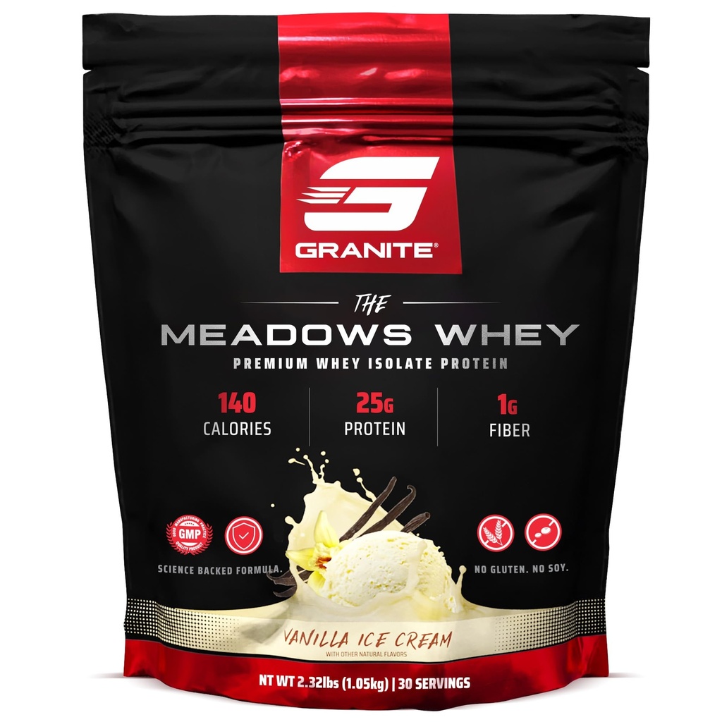 Granit kosttilskud Meadows Whey Protein Isolere protein pulver til Lean muskel med 150 kalorier, 2g Fiber, 1g sukker (30 Servere), Vanilla Ice Cream Flavor