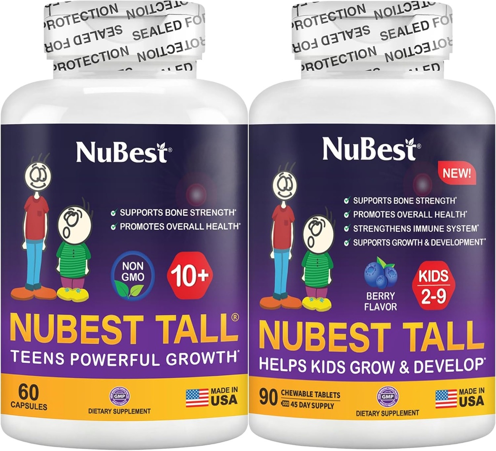 NuBest Bundle Tall 10+ 60 Capsules Tall Kids 90 Chewable Tablets | Height Growth Support for Kids & Teens | Calcium, Vitamins D3 K2, Collagen & Herbal Blend