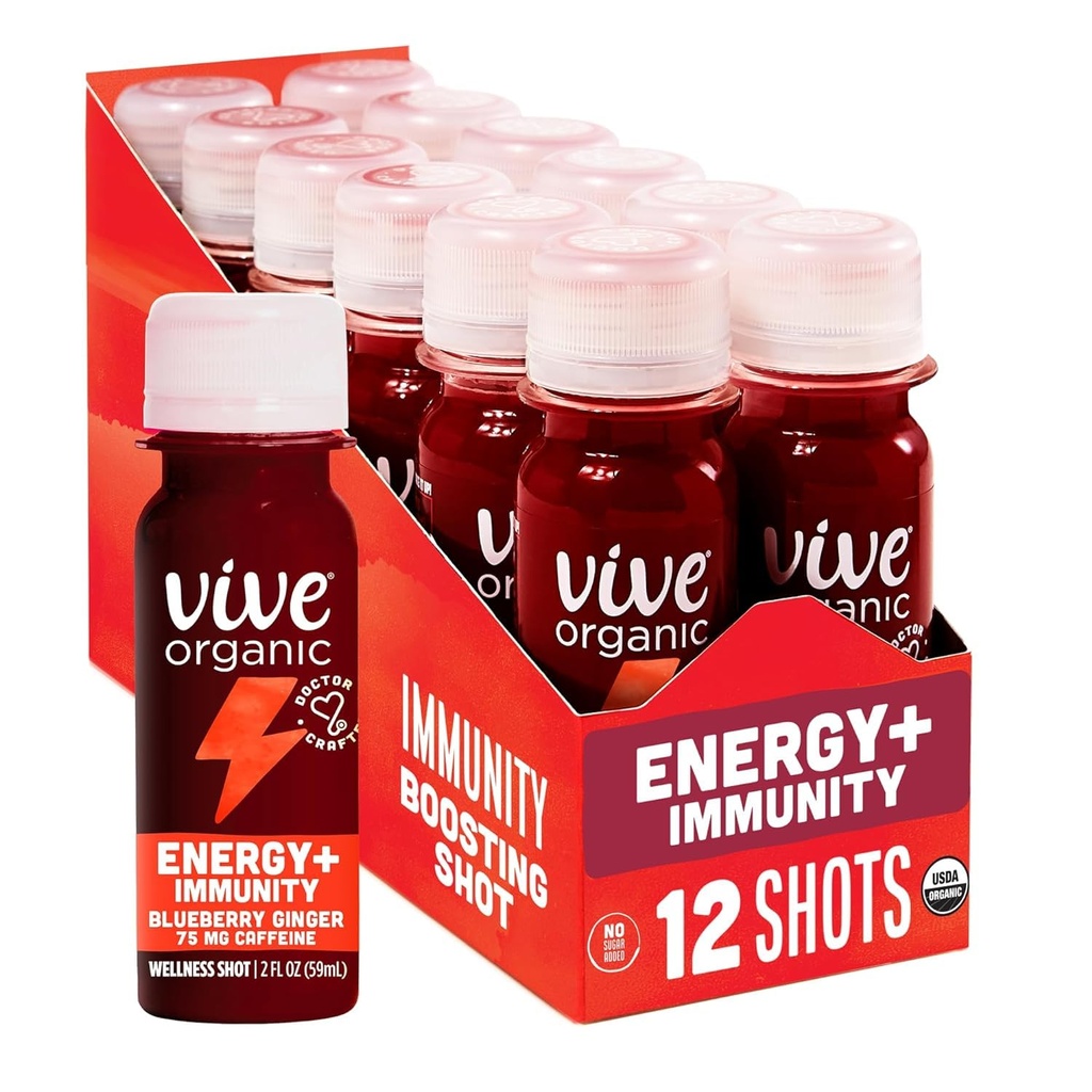 Vive Organic Energy Shot + immunforsvar med Ashwagandha, Green Tea & Coffein, Gluten Free, Vegan, Energy and Focus, 2 Fl Oz (Pack of 12)