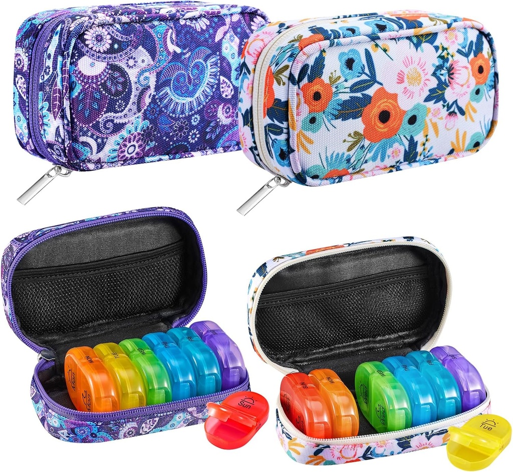 Serfeymi Weekly Travel Pill Organizer 2 gange en dag AM PM Rainbow Pill Box 7 Dag med lynlås Canvas Pill Case, Medicin Organizer til piller, Vitaminer, Fiskeolier - Purple 01 + Bloom 01