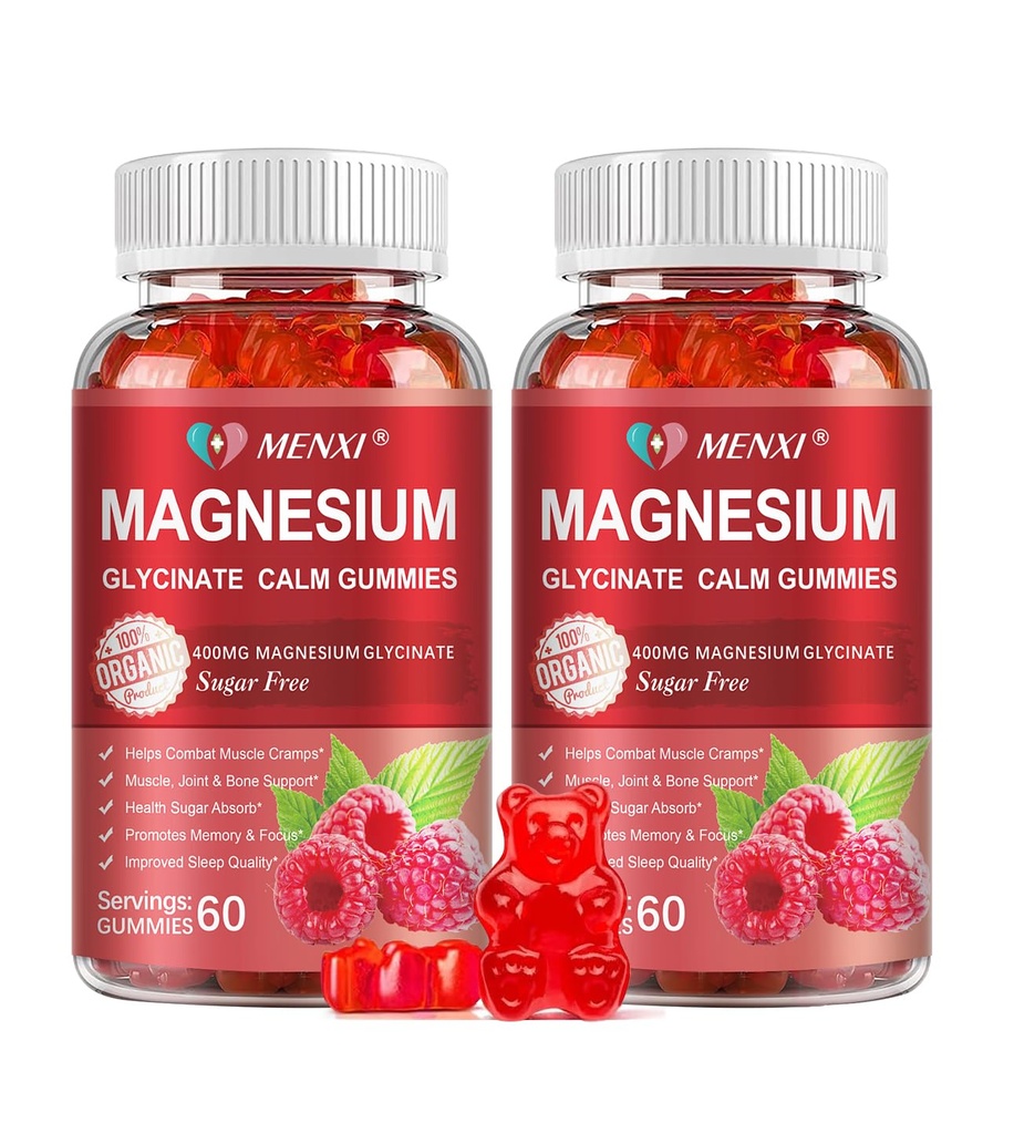 Magnesium Gummies 600mg per serving- Magnesium Glycinate 400mg og Magnesium Malat 200mg, Sugar Free Magnesium Kalium Supplement for Cale Mood, Muscle, Bone & Energy Support, 120 Hindbær Gummies