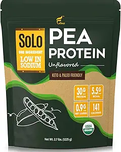 Solo Organic Pea Protein Powder, Low in Sodium, Canada Grown Peas, 100% Vegan, Non- GMO, Unflavored Plant Protein Powder with BCAA (2.7 lbs)