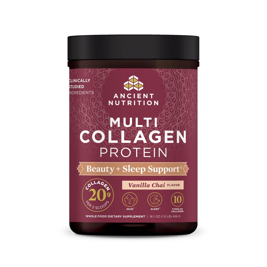 Ancient Nutrition Collagen Powder Protein, Multi Collagen Protein Beauty + Sleep with Vitamin C, Vanilla Chai, Hydrolyzed Collagen Peptider understøtter hud og negle, søvn, 16.1oz