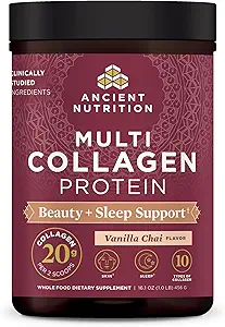 Ancient Nutrition Collagen Powder Protein, Multi Collagen Protein Beauty + Sleep with Vitamin C, Vanilla Chai, Hydrolyzed Collagen Peptider understøtter hud og negle, søvn, 16.1oz