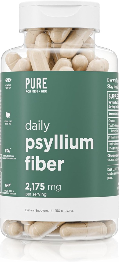Daglig Psyllium Husk Fiber tillæg ved Rene for mænd & Rene for hendes • 124; fordøjelsesmæssige regelmæssighed & Gut Health Support • 124; Opløseligt Fiber Powder, 2,175mg Per Serving • 124; 150 kapsler