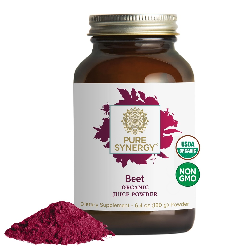 PURE SYNERGY Organic Beet Juice Powder Depottillæg 124; Pre- workout Supplement 124; Organic Beet Root Juice Powder Depot124; for sund cirkulation, motion og afgiftning (6.4 oz.)