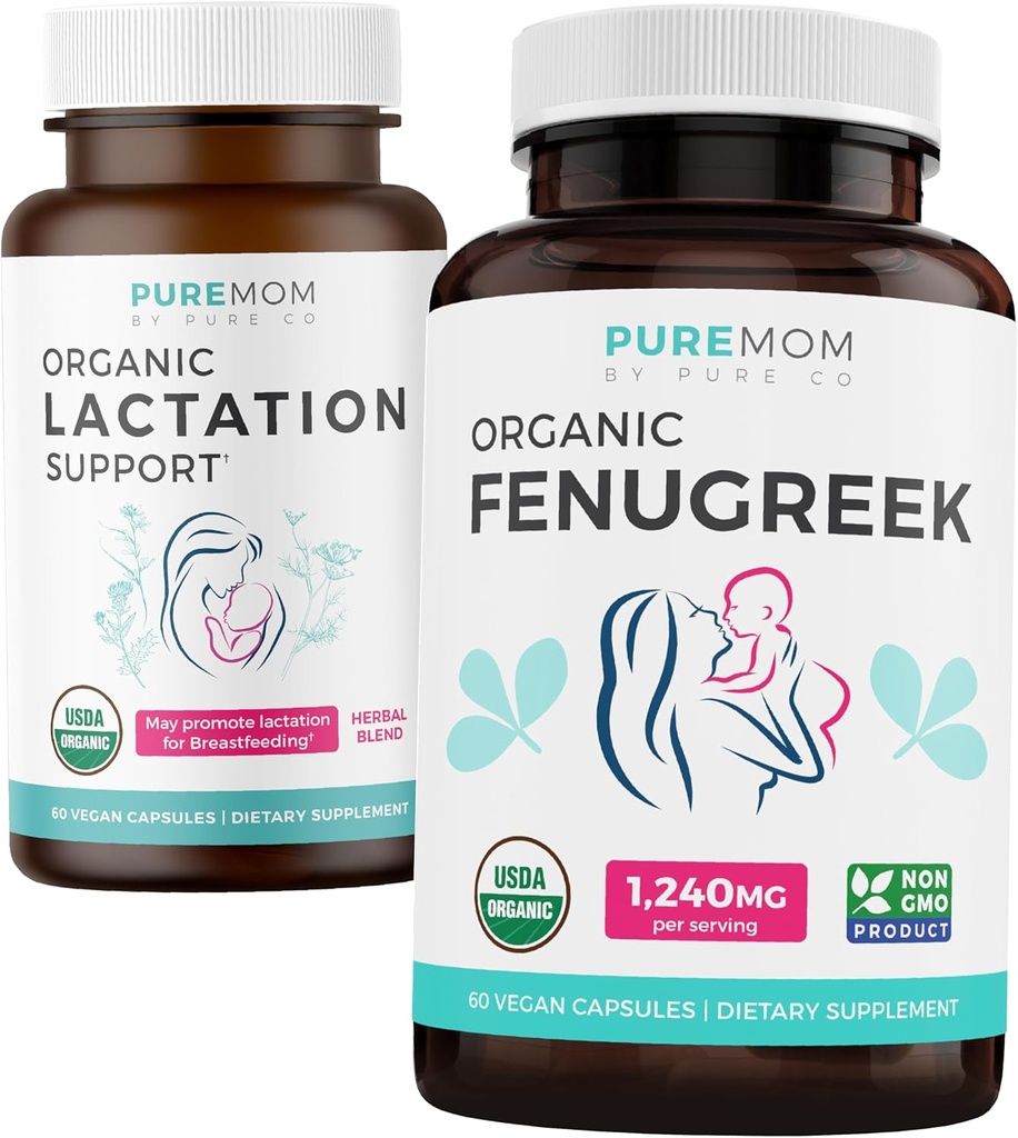 Organic Amning Support & Organic Fenugreek (1-måned Tilgang) Amning Booster Bundle of Herbal Amning Support Support for Mothers (60 kapsler) & Organic Fenugreek Breastmilk Support (60 kapsler)