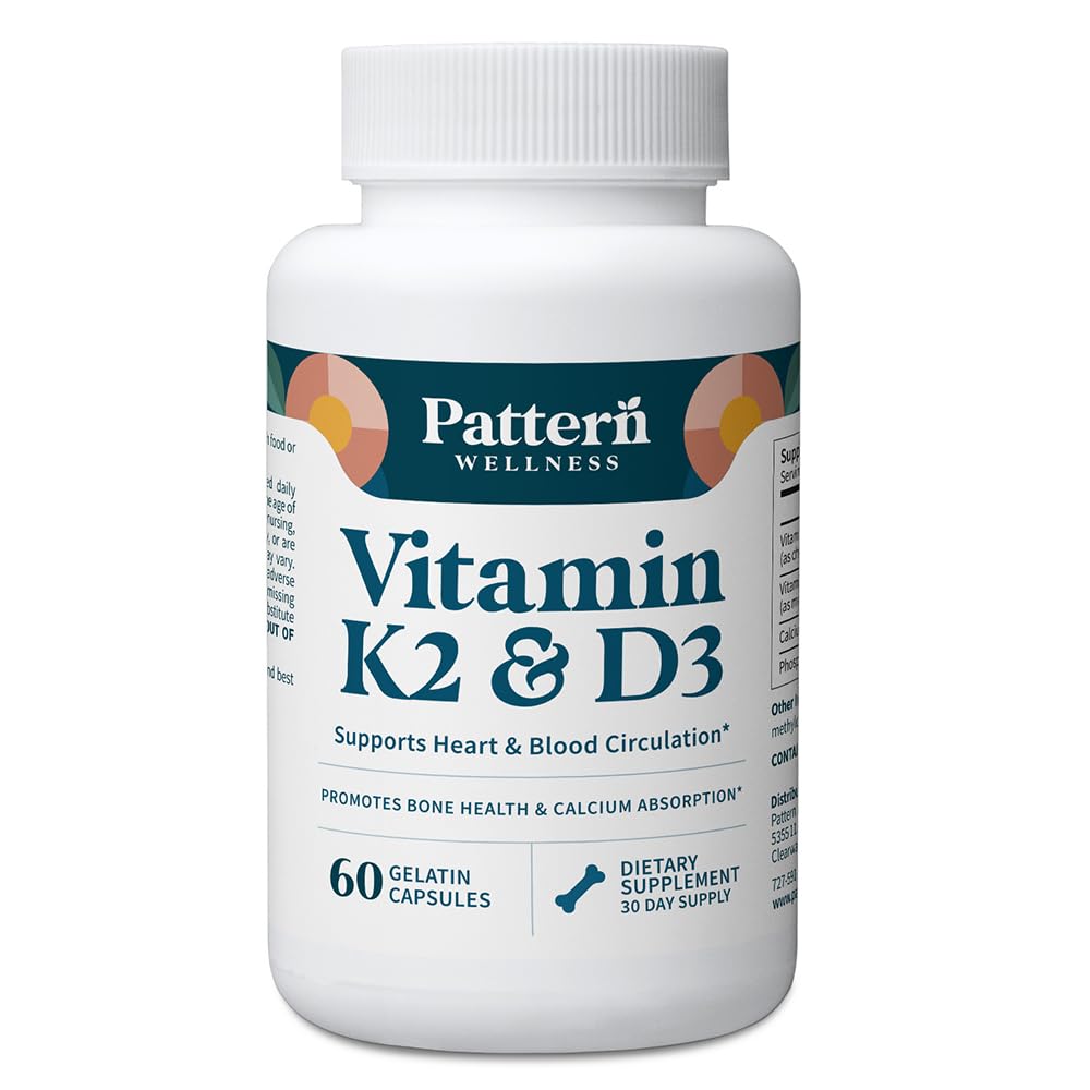 Mønster Wellness Vitamin K2 & D3 tillæg med calcium - Knoglesundhed, Circulatory Wellness & immunforsvar - Non- GMO - 60 kapsler