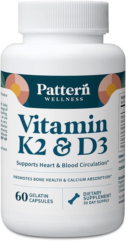 Mønster Wellness Vitamin K2 & D3 tillæg med calcium - Knoglesundhed, Circulatory Wellness & immunforsvar - Non- GMO - 60 kapsler