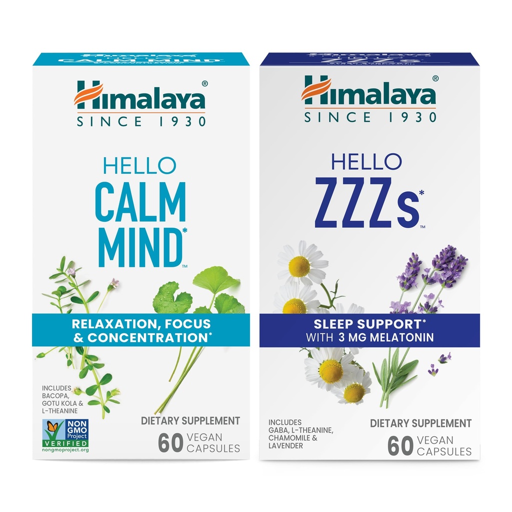 Himalaya Hello rolig sind med Bacopa for afslapning, fokus og koncentration & Hello ZZZs med Melatonin for søvn support, 60 kapsler hver - Bundle