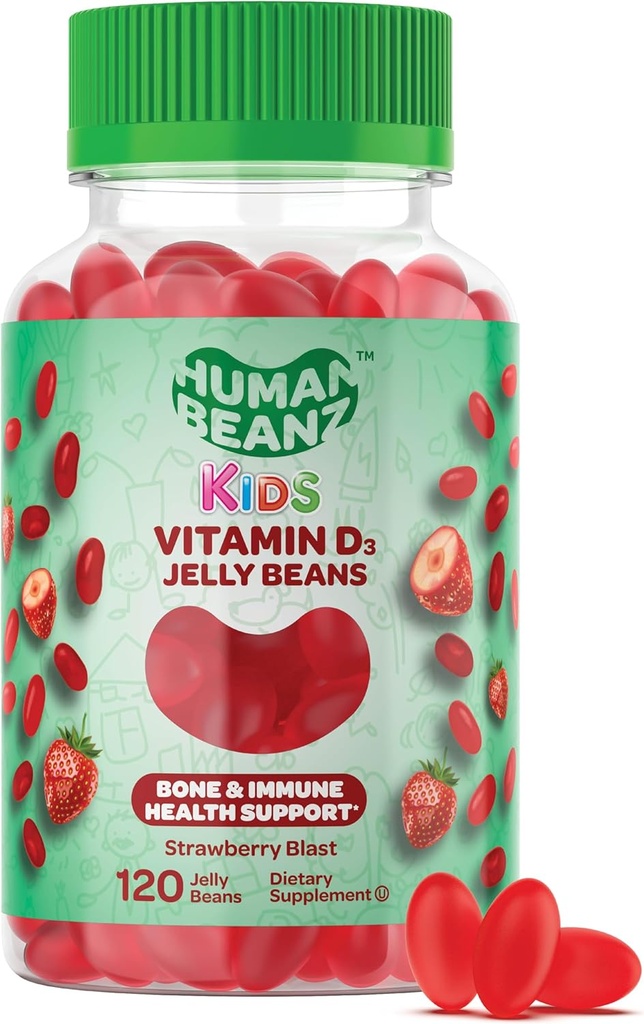 D3- vitamin Jelly Bean Gummies for Kids, 25mcg / 1000 IE D-vitamin, kosttilskud, 120 Jordbær Blast Jelly Beans, Kosher