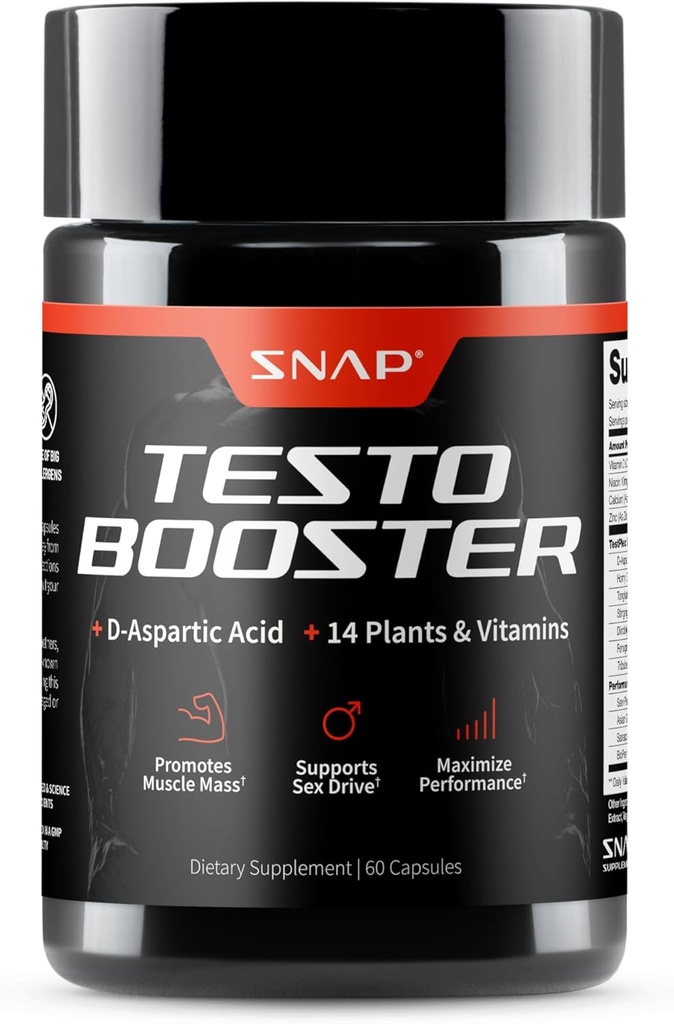 Snap kosttilskud Testosteron Booster for mænd - fremmer muskelvækst, Booster for mænd, Forbedring af naturlig energi, Stamina og styrke, 60 kapsler
