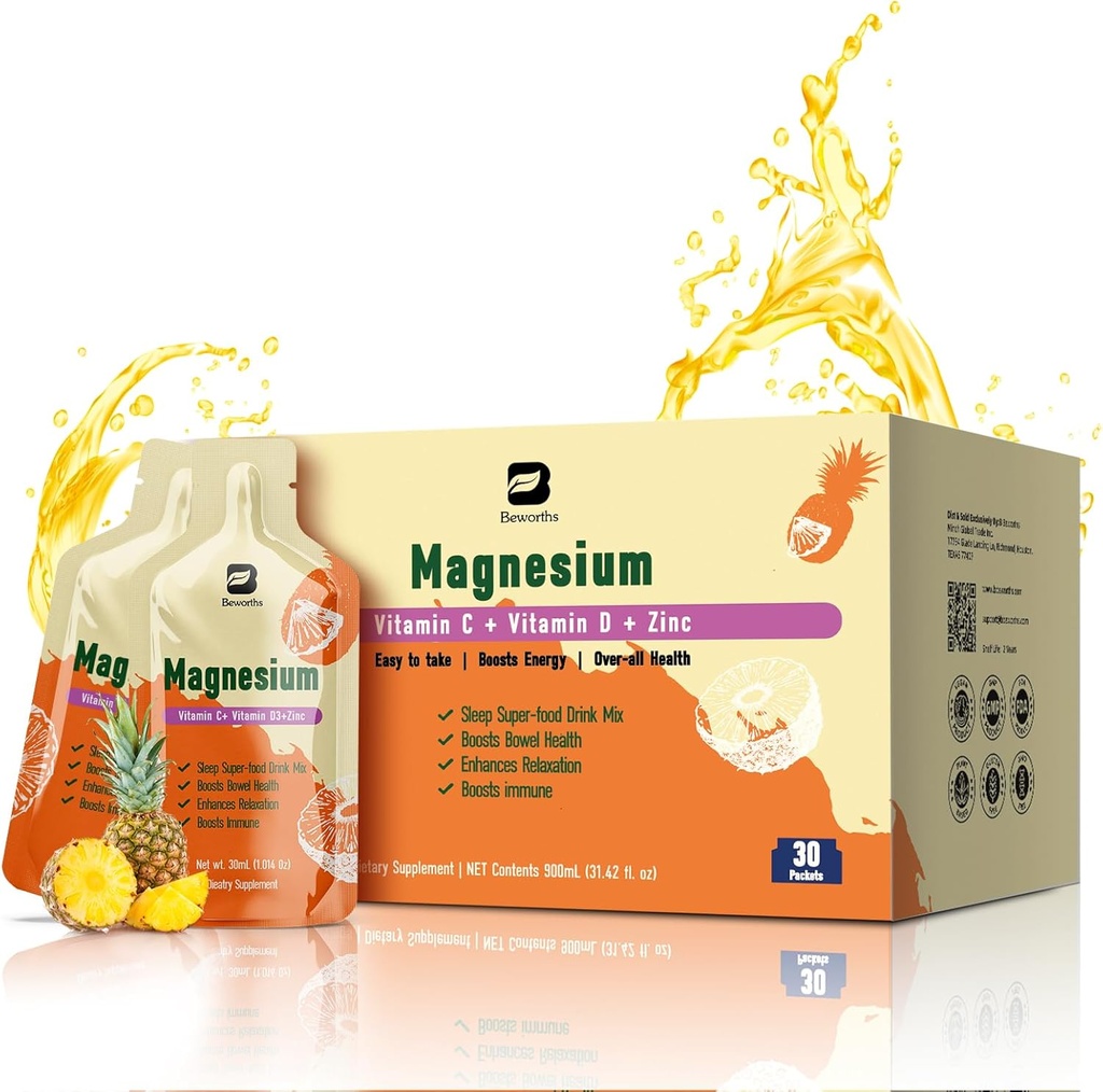 Magnesium Citrate Liquid Supplement 280Mg med bromelain, C-vitamin, D3, B6, zink, høj absorption Magnesium Citrate Drink til obstipation, Zzz & Energy