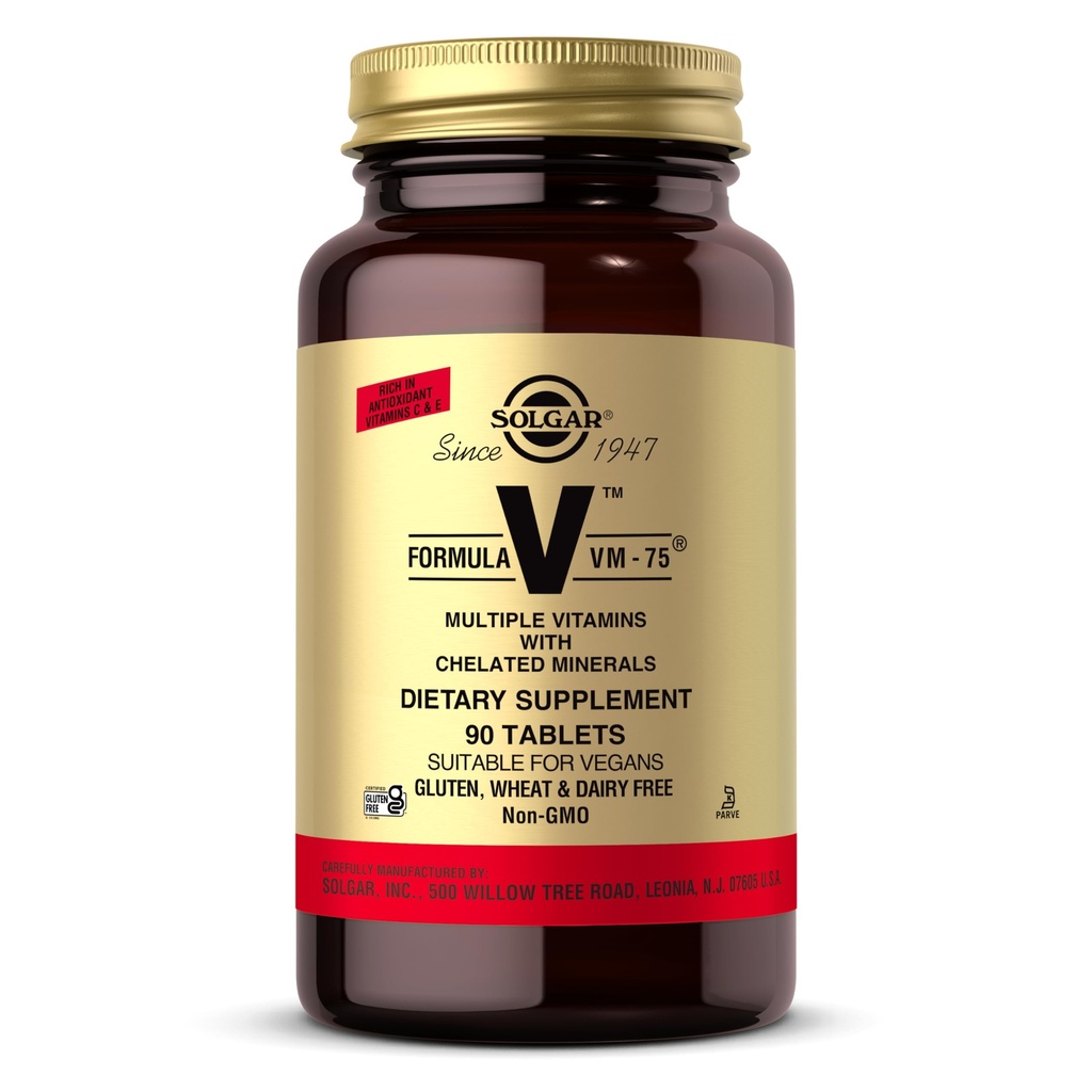 Solgar Formel VM- 75, 90 tabletter - Multivitamin med kattede mineraler - vitamin A, B6, B12, C, D, E - Biotin, Magnesium, Calcium, jern, zink - Vegan, Gluten Free, Dairy Free, Kosher - 90 Servere