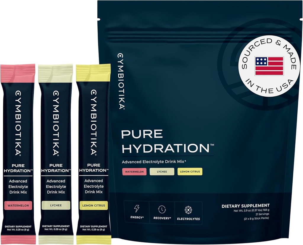 CYMBIOTIKA Pure Hydration Electrolytes Powder Drink Mix med C-vitamin & Magnesium, Keto Friendly Electrolyte Hydration Pakker, Variety Pack, Lemon, Lychee & Watermelon, 7 Hver, 21 Stick Pakker