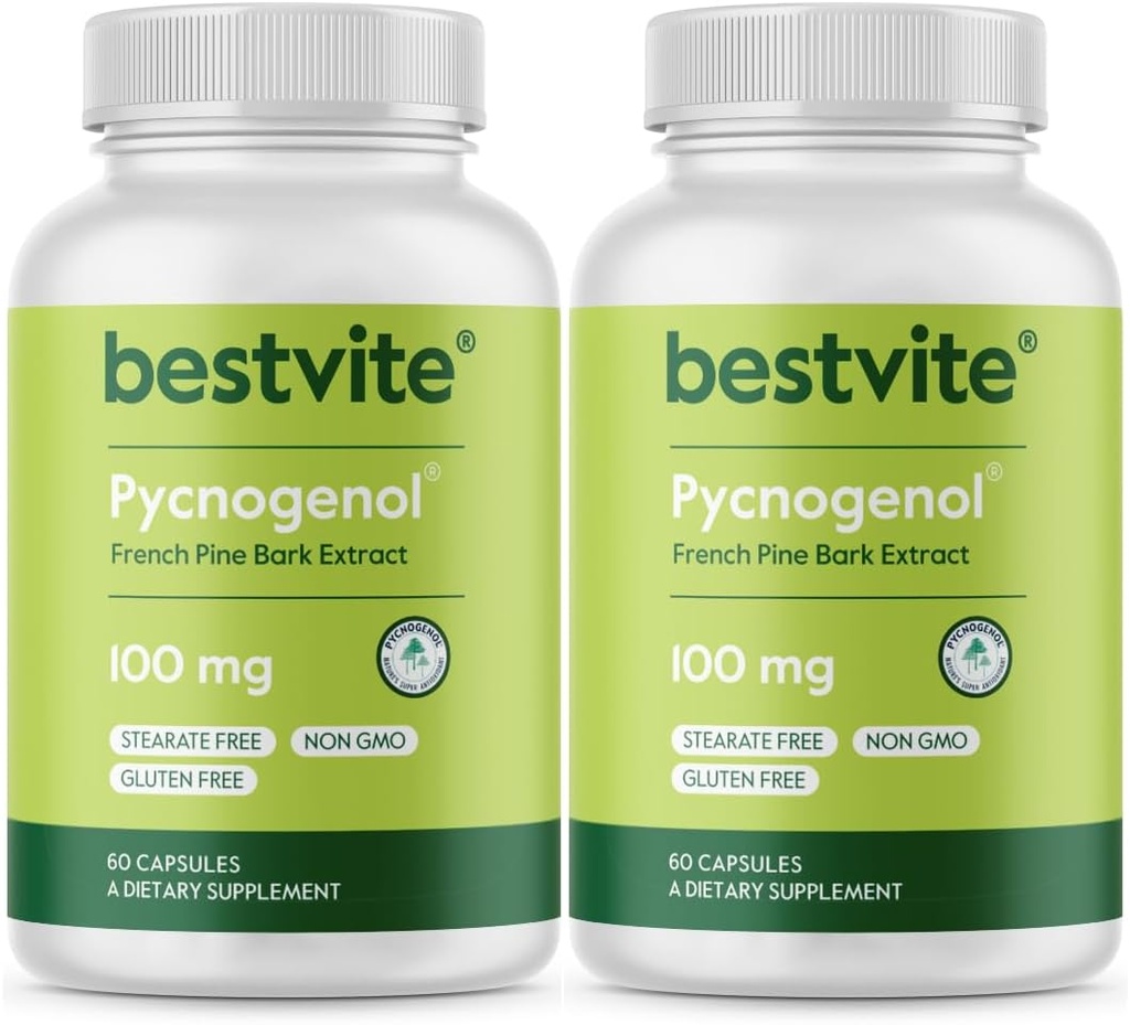 BESTVITE Pycnogenol 100mg (120 kapsler) (60x2) - Fransk Pine Bark Extract - Ingen Stearates - Gluten Free - Ikke GMO
