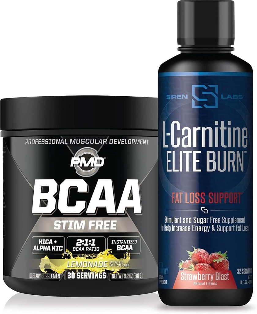 PMD Sports BCAA 's Stim Free for Recovery and Performance Lemonade (30 Servere) & Siren Labs L- Carnitin Elite Burn Fat Loss Support Strawberry Blast 3000 mg (32 Servere)