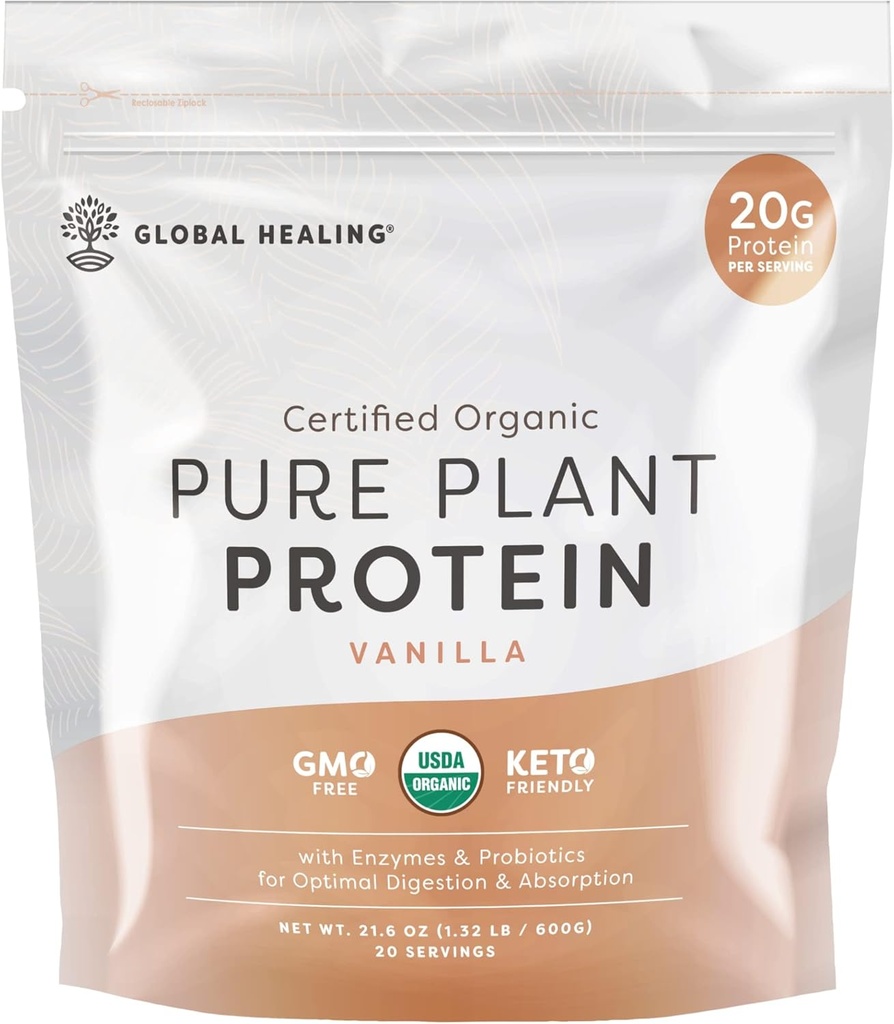 Global Healing Vegan Vanilla, Plant Based Protein Powder for Women & Men, Organic, Meal Erstatning (20 Servere, 20g Protein)