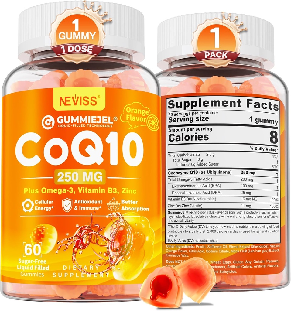 Sugar- Free CoQ10- 250 mg / 500 mg fyldte gummier - Plus Omega-3, EPA + DHA, B3 & Zink - Ultra Co Q- 10 Kosttilskud til hjerte-t-sundhed, cellular energi, antioxidant support, Op til 60 dages forsyning, Vegan 60Cts