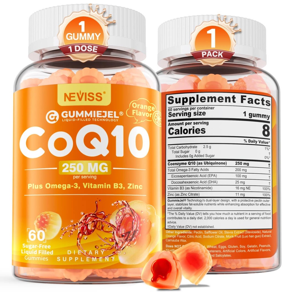 Sukkerfri CoQ10- 250 mg / 500 mg fyldte gummier - Plus Omega-3, EPA + DHA, B3 & Zink - Ultra Co Q- 10 Kosttilskud til hjerte-t-sundhed, cellular energi, antioxidant support, Op til 60 dages forsyning, Vegan 60Cts