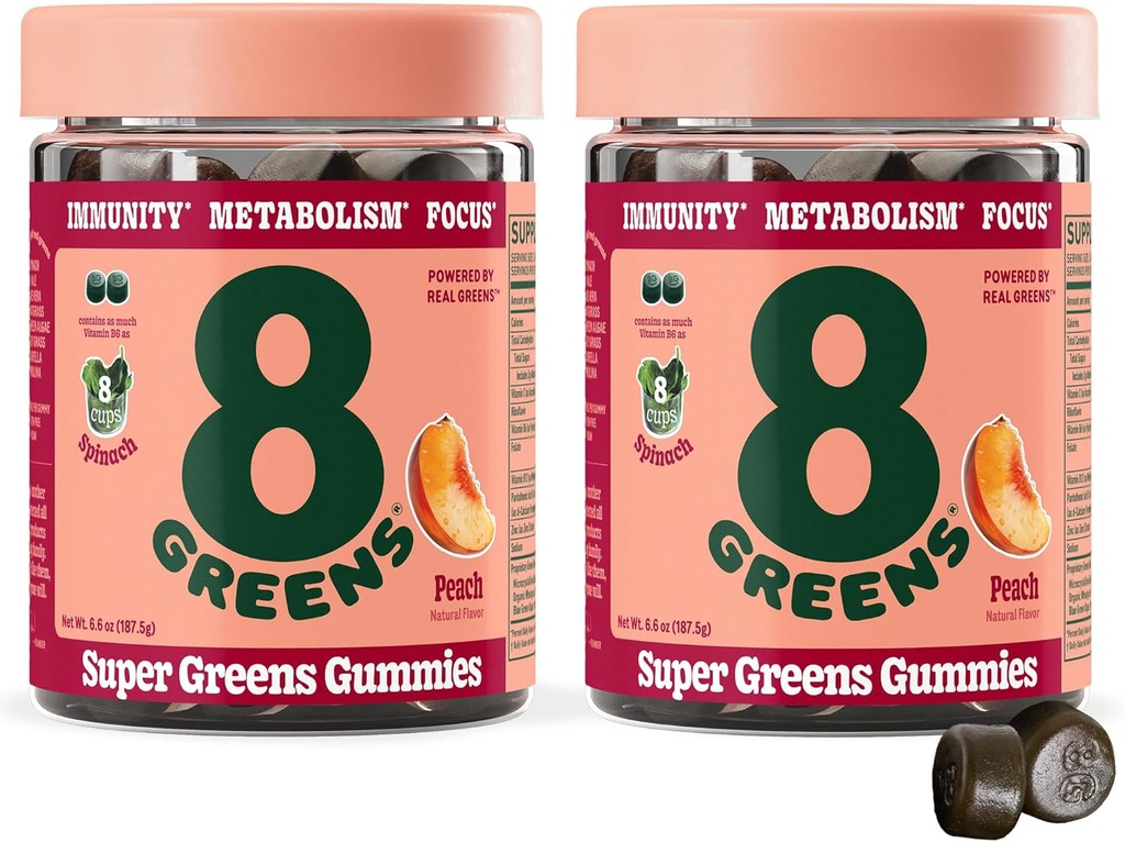 8Greens Supergreens Gummies | Super Greens Powder Superfood Gummy for Metabolism, Immunity & Focus, Digestive Health Enzymes, Organic: Chlorella, Spirulina, Aloe Vera, Peach Flavor, 100 Count