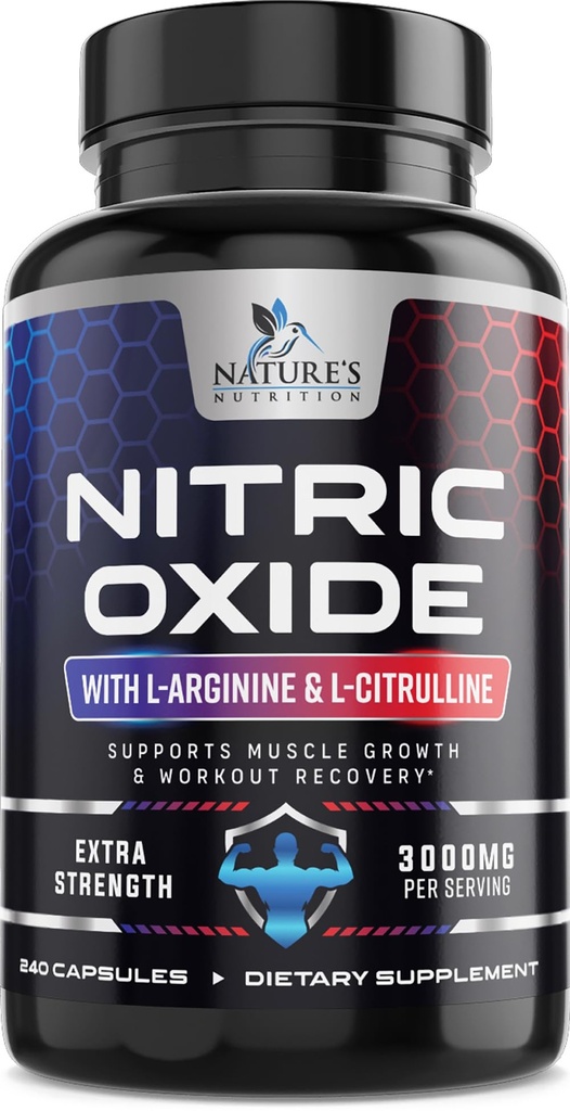 Kvælstoxid Booster Ekstra Styrke 3000mg - 3X Styrke L- Arginin & Citrullin, Bedste Kvælstoxid Kosttilskud til mænd, Understøtter Muskel, Heart Health, Energy Supplement, Flasket i USA, 240 Kapsler