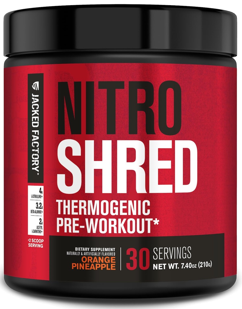 Jacked Factory NITROSURGE Shred Pre Workout Supplement - Energy Booster, Instant Strength Gains, Sharp Focus, kraftfulde pumper - Nitrooxide Booster & PreWorkout Powder - 30Sv, Orange Ananas