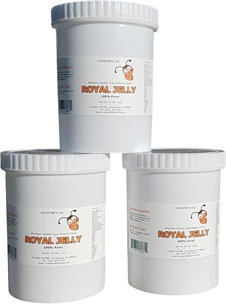 Royal Jelly Organic - Ufiltreret Raw Royal Jelly Energy Supplement for mænd og kvinder - immunforsvar supplement med retinol, B-vitamin, biotin, Niacin, - 3x2.2 Lbs, Plastic Jar