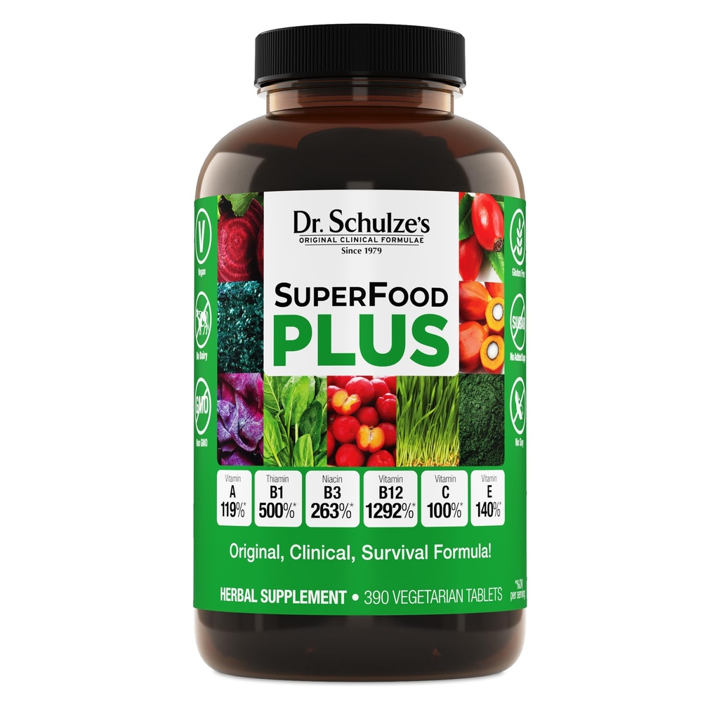Dr. Schulzes SuperFood Plus - 124; Vitamin & Mineral Herbal Koncentrat - 124; Daglig ernæring & øget energi - 124; Gluten- Free & Non- Gmo - 124; Vegan - 124; 390 Tabs - 124; Packaging May Vary