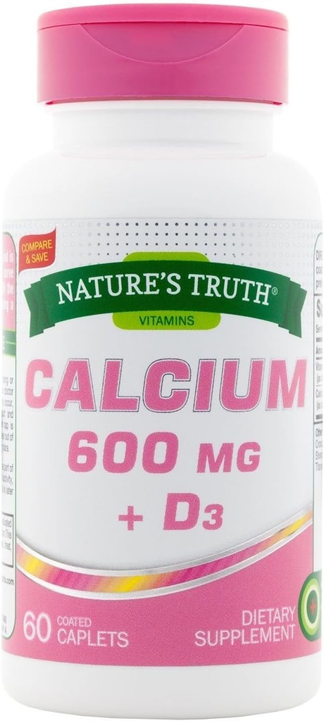 Nature's Truth Calcium 600 mg + D3-60 Coated Caplets, Pack of 2