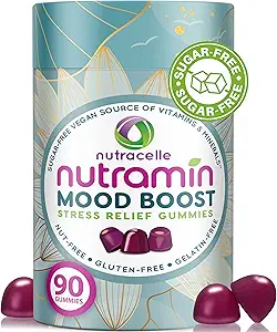 NUTRAMIN Mood Boost Multivitamin Gummy - Lækker & Yummy Anti- Stress Magnesium Ashwagandha Gummies + B Complex Vitaminer for Focus and Calm - Sugar- Free, Vegan, Gluten- Free, Allergy- Safe (90 Greve)