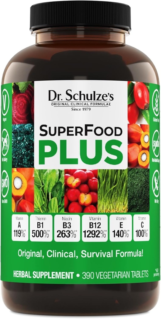 Dr. Schulzes SuperFood Plus - 124; Vitamin & Mineral Herbal Koncentrat - 124; Daglig ernæring & øget energi - 124; Gluten- Free & Non- Gmo - 124; Vegan - 124; 390 Tabs - 124; Packaging May Vary