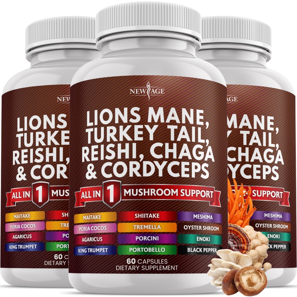 NYE ALDER Løver Mane Mushroom tillæg med Tyrkiet Tail Reishi Cordyceps Chaga med Marshmallow Root 180 Greve