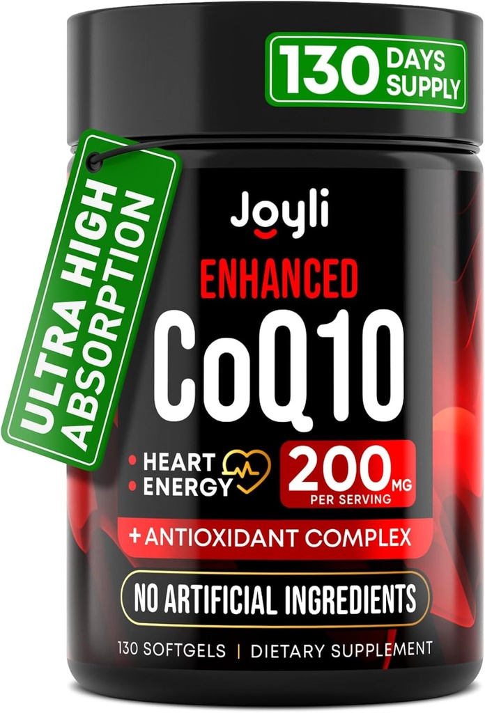 Høj Absorption CoQ10 200MG - Co Q10, 200mg Softgels for Heart Health & Energy Production - Enhanced Co Q 10 Supplement med antioxidanter og Flaxseed Oil - CoQ10 200 mg Per Servering