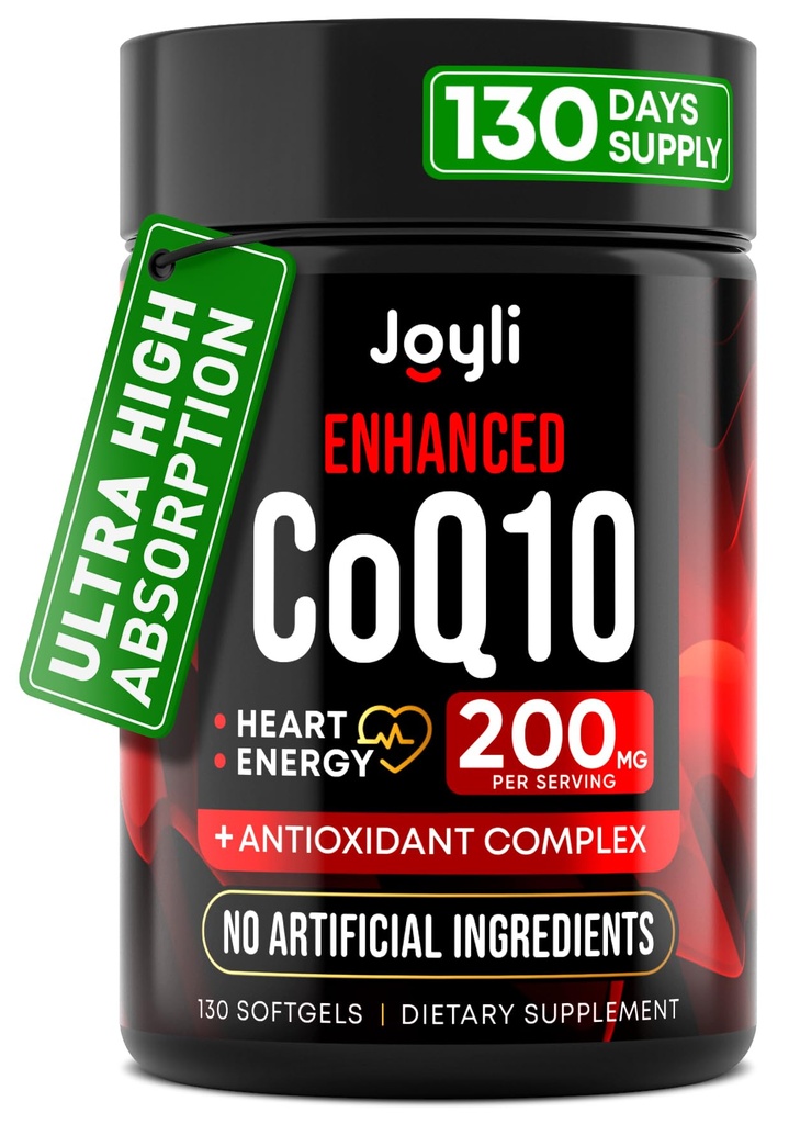 Høj Absorption CoQ10 200MG - Co Q10, 200mg Softgels for Heart Health & Energy Production - Forbedret Co Q 10 Supplement med antioxidanter og Flaxseed Oil - CoQ10 200 mg Per Servering