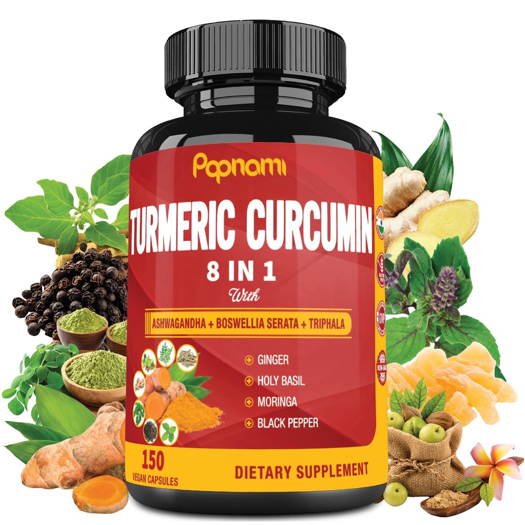 Gurkemeje Kapsler - med Ashwagandha, Boswellia, Triphala, Ginger, Holy Basil, Moringa, og Black Pepper - 150 Pills 5 Måned Supply
