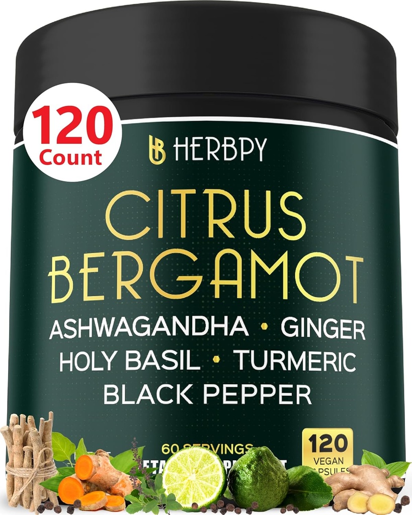 6in1 Citrus Bergamot tillæg med Ashwagandha, Holy Basil, Gurkemeje & Gingerod - sund aldring, immunforsvar & slaphed - 120 Veganske kapsler