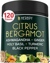 6in1 Citrus Bergamot tillæg med Ashwagandha, Holy Basil, Gurkemeje & Gingerod - sund aldring, immunforsvar & slaphed - 120 Veganske kapsler