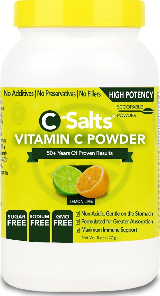 C- Salte C-vitamin pulver supplement - 100% Pure High Dosis Buffered C-vitamin pulver til immunforsvar - Økologisk, sukkerfri, Vegan, Non- GMO, Stomach- Friendly, Lemon Lime 8oz