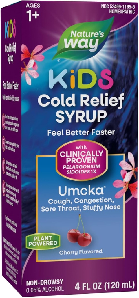 Nature 's Way Cold Relief Syrup for Kids 1 +, Umcka, Shortens Varighed & Reduces Severity, Multi- symptom Cold Relief, Homøopatisk, Phenylephrine Gratis, Cherry Flavored, 4 Fl Oz (Packaging May Vary)