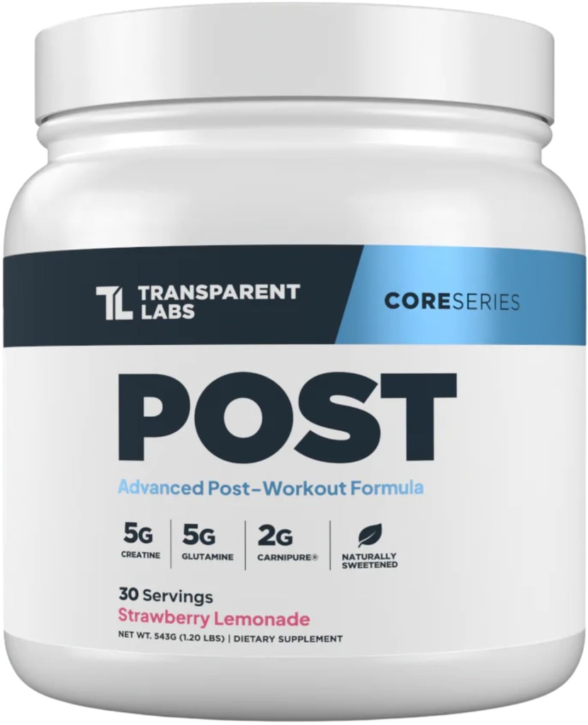 Transparent Labs Post - Post- Workout Recovery Muscle Builder med L- Glutamin, Beta- Alanine og BetaPure Betaine Vandfri for Muscle Recovery og Muscle Building - 30 Servering, Jordbær Lemonade