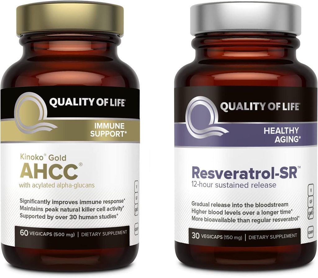 Livskvalitet funktioner Kinoko guld AHCC og Resveratrol SR Vedvarende udgivelse Formel - Immun, sund aldring bundle
