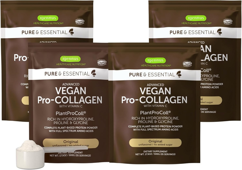 Igennus Vegan Collagen Peptid Powder, forstærket med Glycin, Proline & Hydroxyprolin & Cofactor Vitamin C, Ikke GMO, Komplet Vegetar Plant baseret Collagen Powder Booster, 4 x 35 Servering
