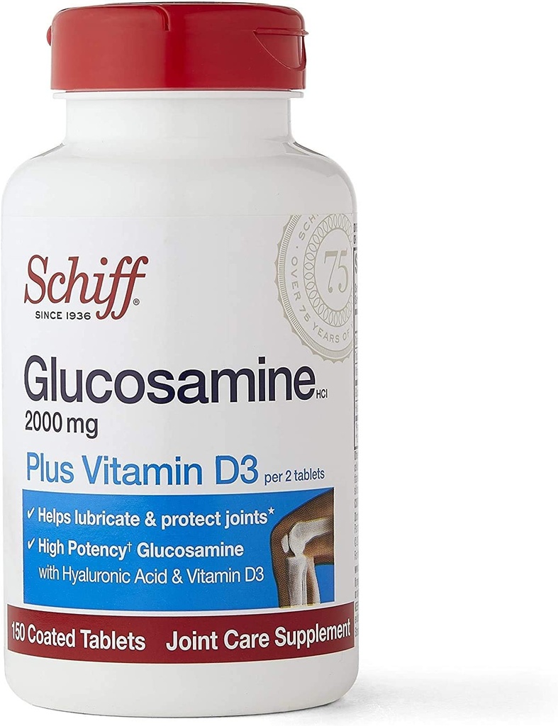 Schiff Glucosamin med D3- vitamin og hyaluronsyre, 2000mg Glucosamin, fælles pleje supplement hjælper smøremidler og beskytter Joints *, 150 greve (pakke med 2)