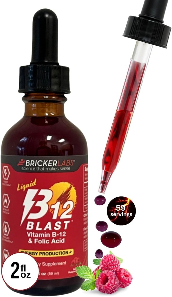 Bricker Labs B- 12 Blast Liquid Vitamin B12 og folinsyre tillæg, Support Energy Production, Great Tasting Liquid Vitamin B12 Kosttilskud i naturlige hindbær smag, 2 fl oz flaske