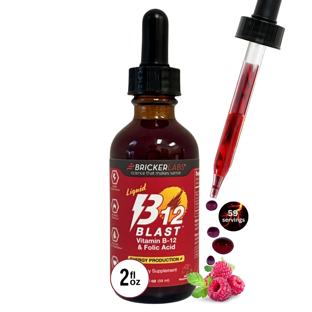 Bricker Labs B- 12 Blast Liquid Vitamin B12 og folinsyre tillæg, Support Energy Production, Great Tasting Liquid Vitamin B12 Kosttilskud i naturlige hindbær smag, 2 fl oz flaske