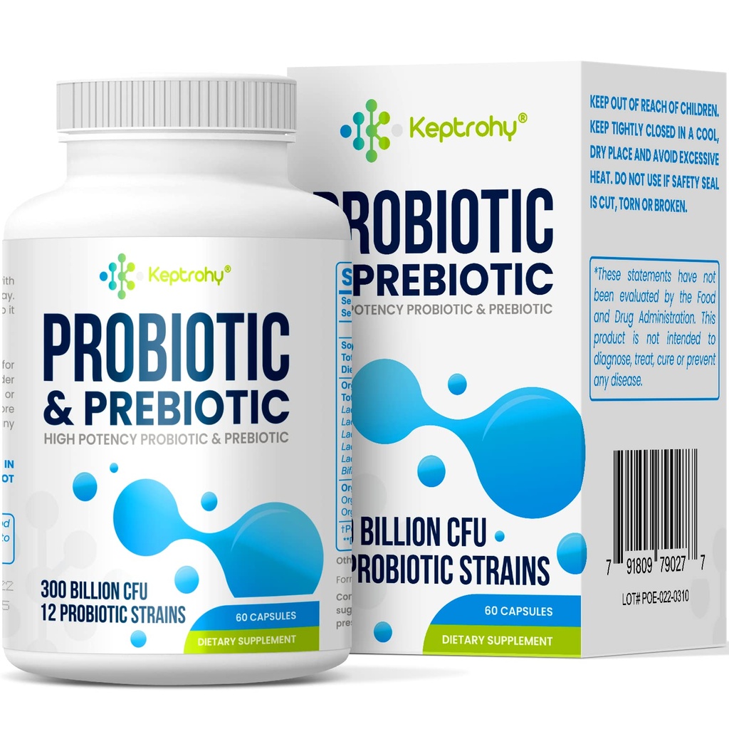 Probiotika til kvinder & mænd, 300 Millioner CFU Probiotika fra 12 Stains + Organic Prebiotics Blend til daglig fordøjelse, immunforsvar, Gut, Bloating, Gut Sundhed for kvinder & mænd, Hylde Stable - 60 kapsler