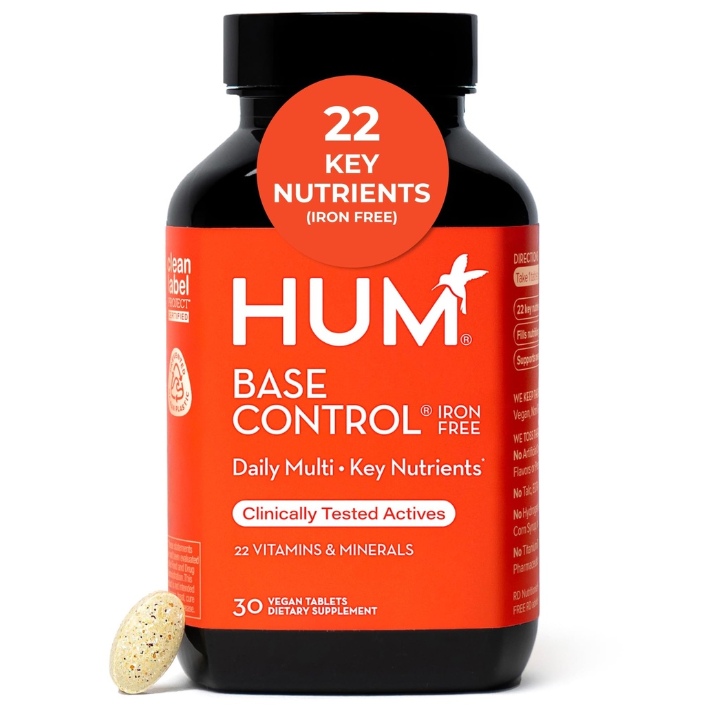 HUM Base Control Multivitamin til kvinder med C-vitamin, jern, biotin, zink, B-kompleks, Daily Women 's Multivitamin, 22 essentielle vitaminer & mineraler, støtte til præ-menopause, gluten fri, 30 kapsler