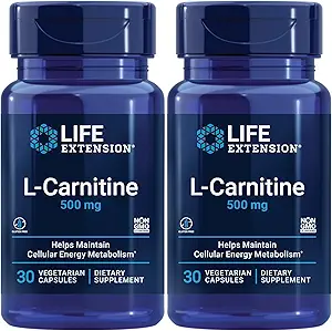 Life Extension L- Carnitin - 500 mg, Energy Supplement, Memory Supplement - Gratis form Aminosyre, nitrogenoxid Support - Glutenfri, Non- GMO, Vegetar - Two Pack - 2 x 30 Kapsler