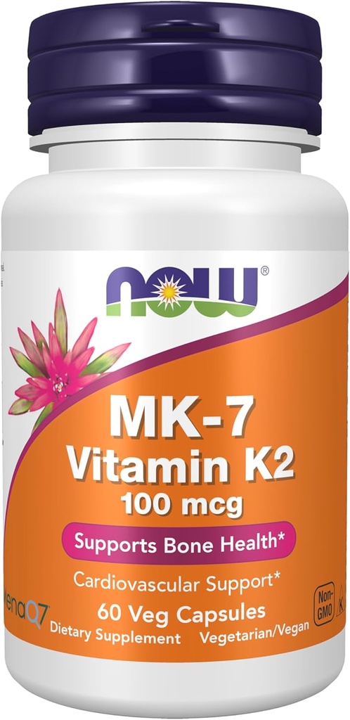 Now Foods Supplements, MK- 7 Vitamin K-2 100 mcg, Cardiovaskulær Support *, Understøtter Bone Health *, 60 Veg kapsler